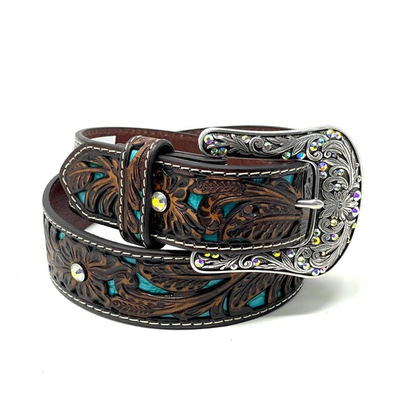 Ariat brown genuine leather belt Floral Tooled Turquoise Inlay small - Picture 1 of 12